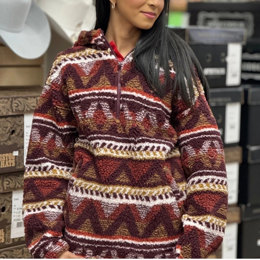 Wrangler Retro Aztec‎ Southwestern Fleece 1/4 Zip Hoodie Pullover Large Rodeo